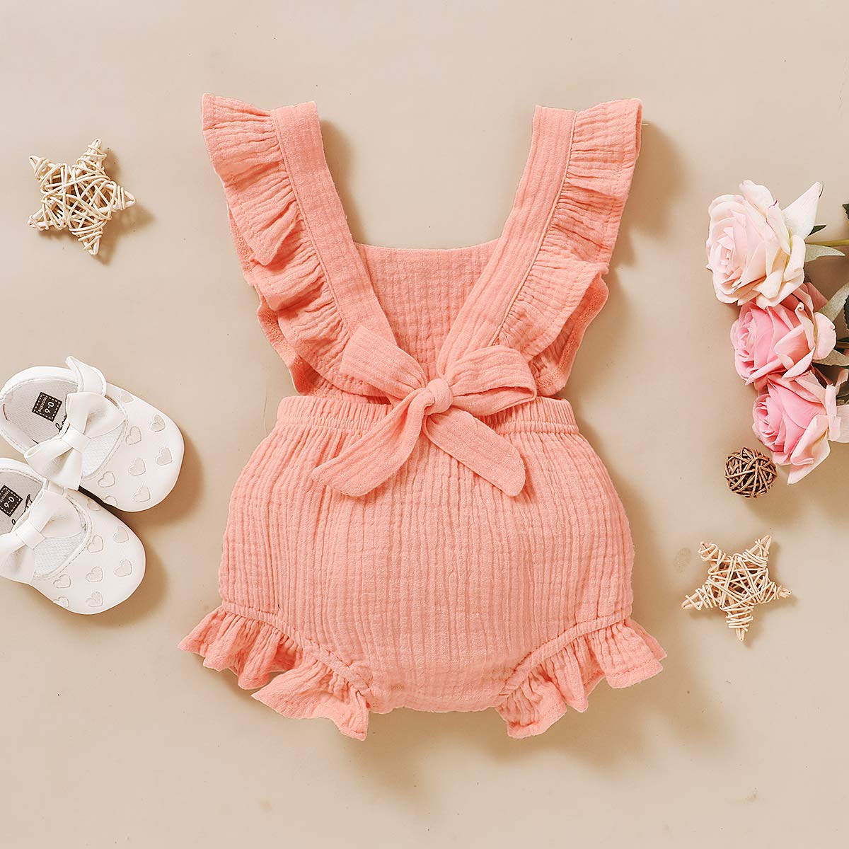 YOUNGER TREE Toddler Baby Girl Ruffled Sleeveless Romper Casual Summer Jumpsuit Cotton Linen Clothes 3-6 Months