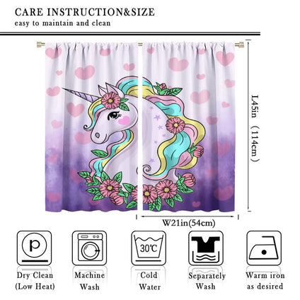 Cartoon Unicorn Kids Blackout Curtains,Cute Cartoon Purple Unicorns with Flower Pink Heart Purple Blackground for Girls Bedroom Windows Drapes Living Room Study 21x45in,2 Panel Set