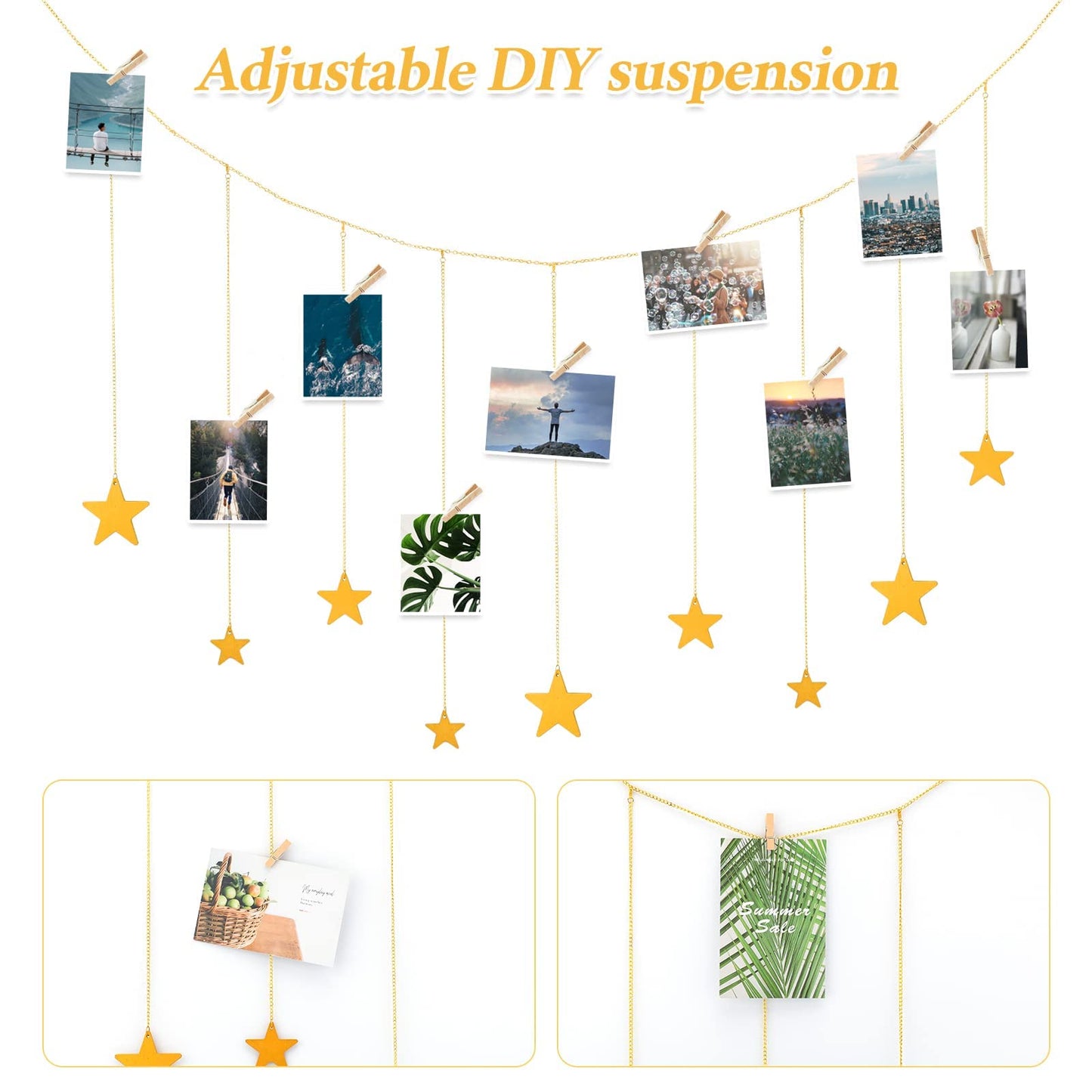 Hanging Photo Display, Boho Decor Wooden Stars Garland with Metal Chains Picture Frame Collage with 30 Wood Clips for Teen Girl Room, Bedroom, Dorm, Home, Party Decor (200 cm)