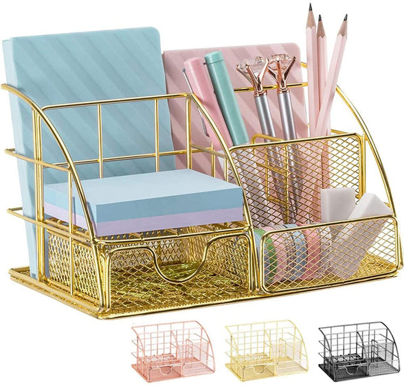 Desk Organizer, Mesh Office Supplies Desk Accessories, Features 5 Compartments + 1 Mini Sliding Drawer, All-in-one Office Supplies, Office Desk Organizers and Storage (Plating-Gold)