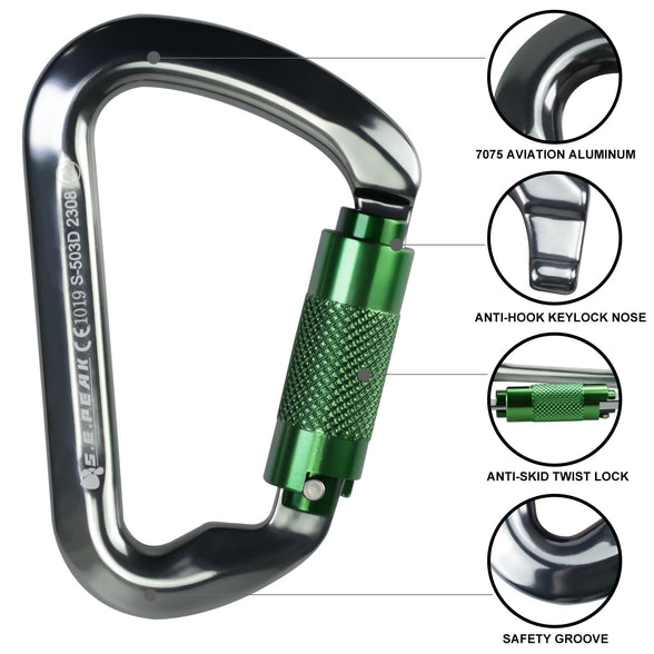 SEPEAK UIAA 30kN Locking Climbing Carabiner, Professional Heavy Duty Twist Clip for Outdoor Climbing, Mountaineering, Rappelling, Camping, Hiking, Swing, Large D Carabiner Hook/6744lb
