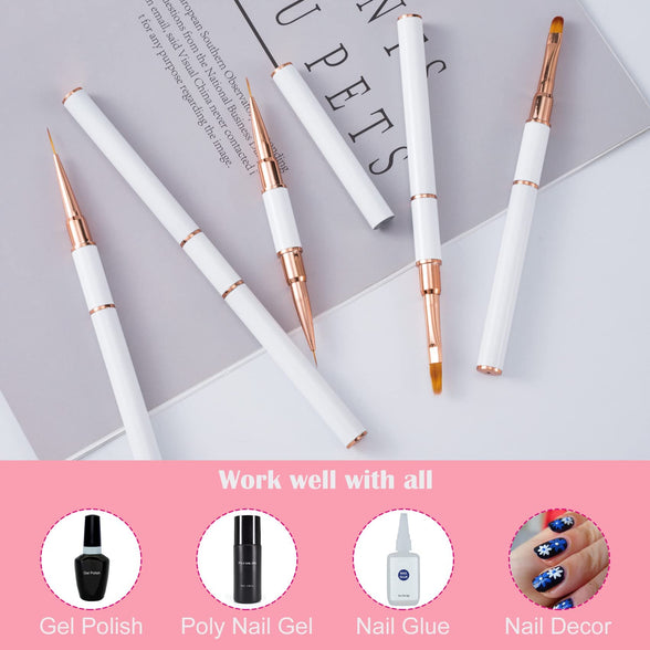 5Pcs Nail Art Brushes, Double Ended Nail Art Lines 3D Drawing Pen, Nail Cleaning Brushes, Builder Gel Brushes Nail Art Tools for Salon Home DIY Manicure, Double-headed Dual-use Pull Wire Painting Pen