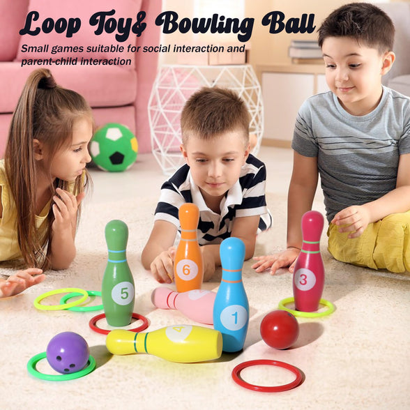 SHIERDU Wooden Kids Bowling Set - with 6 Bowling Pins & 2 Balls & 6 Ferrule - Educational Early Development Indoor & Outdoor Games Set - for Toddlers & Infants Boys & Girls Ages 3,4,5-12 Years Old