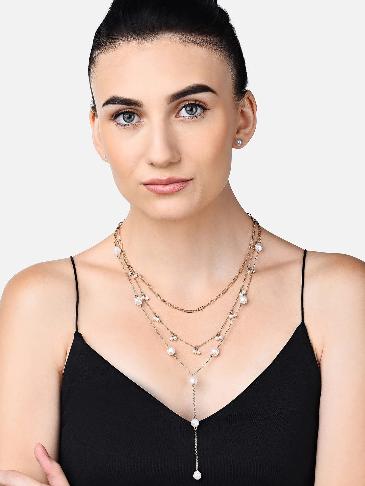 Zaveri Pearls Gold Tone Contemporary 3 Layers Lariat Necklace Chain With Earring-ZPFK10606