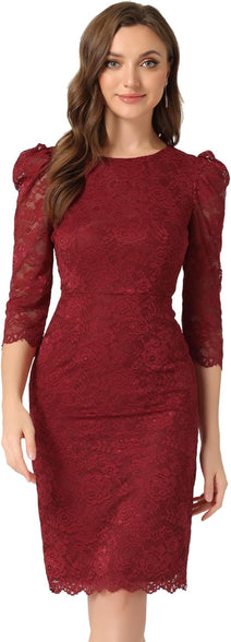 Allegra K Women's Elegant Lace Floral Midi Dresses Crew Neck 3/4 Sleeve Bodycon Wedding Guest Cocktail Dress