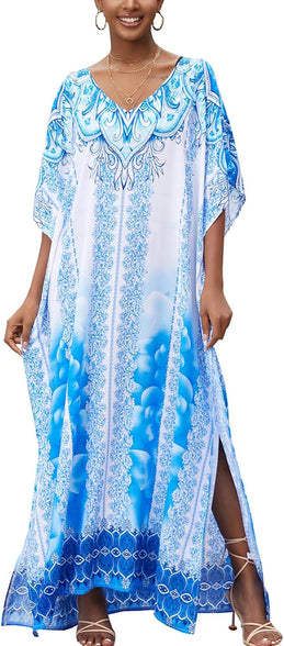 YouKD Summer Floral Loose Caftan Boho Beach Bikini Cover Up Dress Plus Size Robe for Women