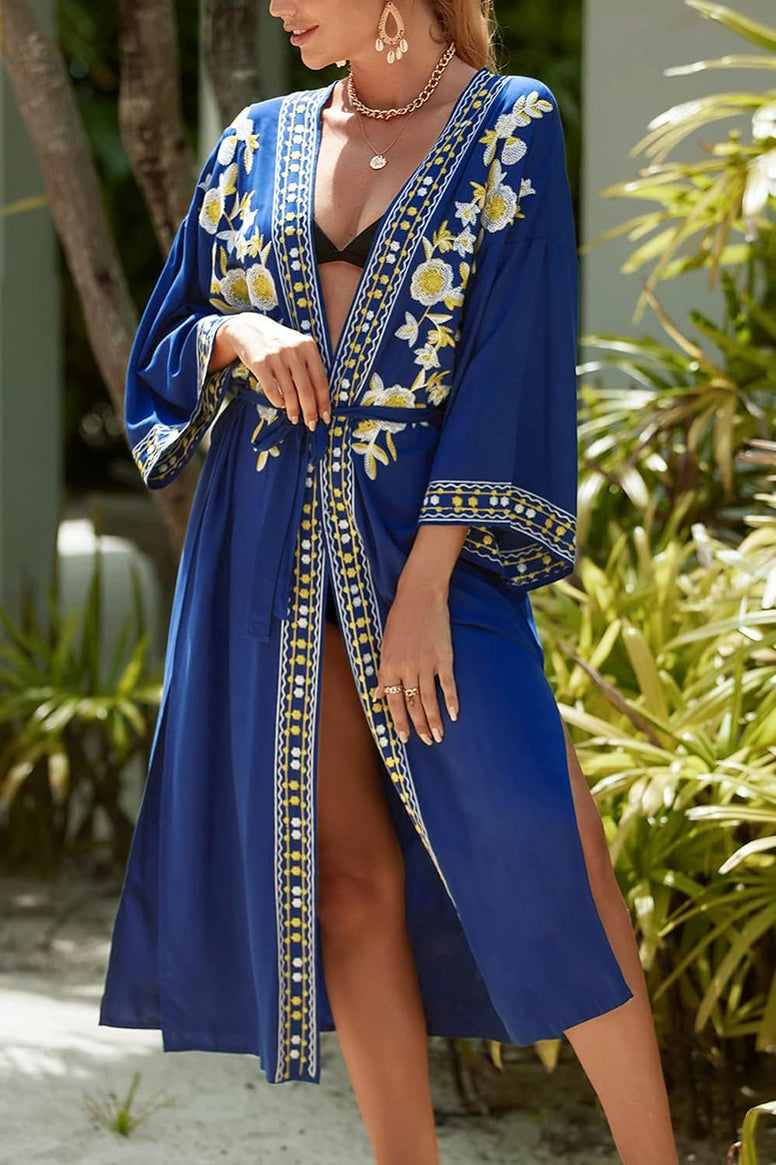 YouKD Embroidered Kaftan Dress Boho Beach Bikini Cover Up Robe Plus Size Loungewear for Women