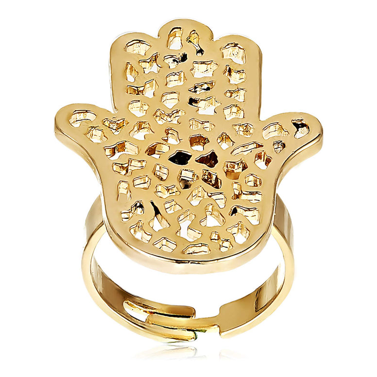 Alwan Gold Plated Adjustable Ring with Fatima's Hand for Good Luck for Women - EE1800