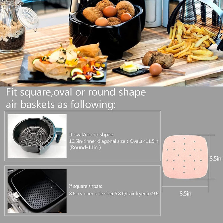 Air Fryer Parchment Paper Liners - 8.5 inch Pre Cut Baking Paper Cooking Sheets Perforated Parchment Paper for Air Fryer Bamboo Steamer Basket Square 100 PCS