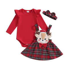 sweetyhouse Baby Girl Christmas Outfit Long Sleeve Romper Onesie Cute Elk Plaid Skirts Sets Headband Winter Clothes