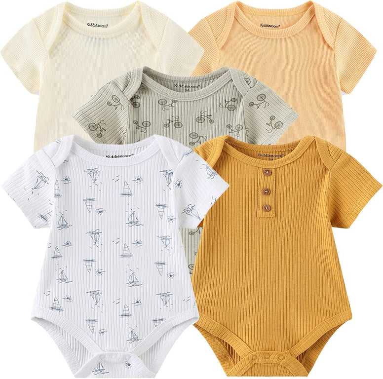 Kiddiezoom Newborn Baby Unisex Cotton Bodysuits 9-12 Months Baby Gift 5-Pack Baby Clothes