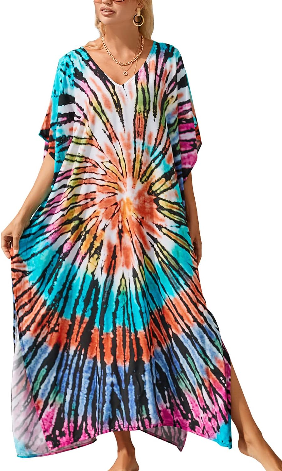 YouKD Maxi Dress V-Neck Kaftan Boho Robes Beach Cover-ups Dress Roomy Gowns for Women