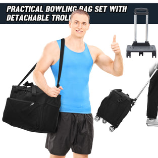 Wettarn Bowling Ball Bag Detachable 5 Roller 2 Ball Bowling Bag with Wheels Convertible Double Ball Bowling Tote Bag with 2 Wood Holder 6 Sanding Pad 1 Cleaning Pad, Gift for Men Women Bowler