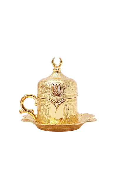 (Gold) - "CopperBull" Thickest Copper Turkish Greek Coffee Pot with Heavy Duty Cups Saucers & Coffee Set for 2 (Gold)
