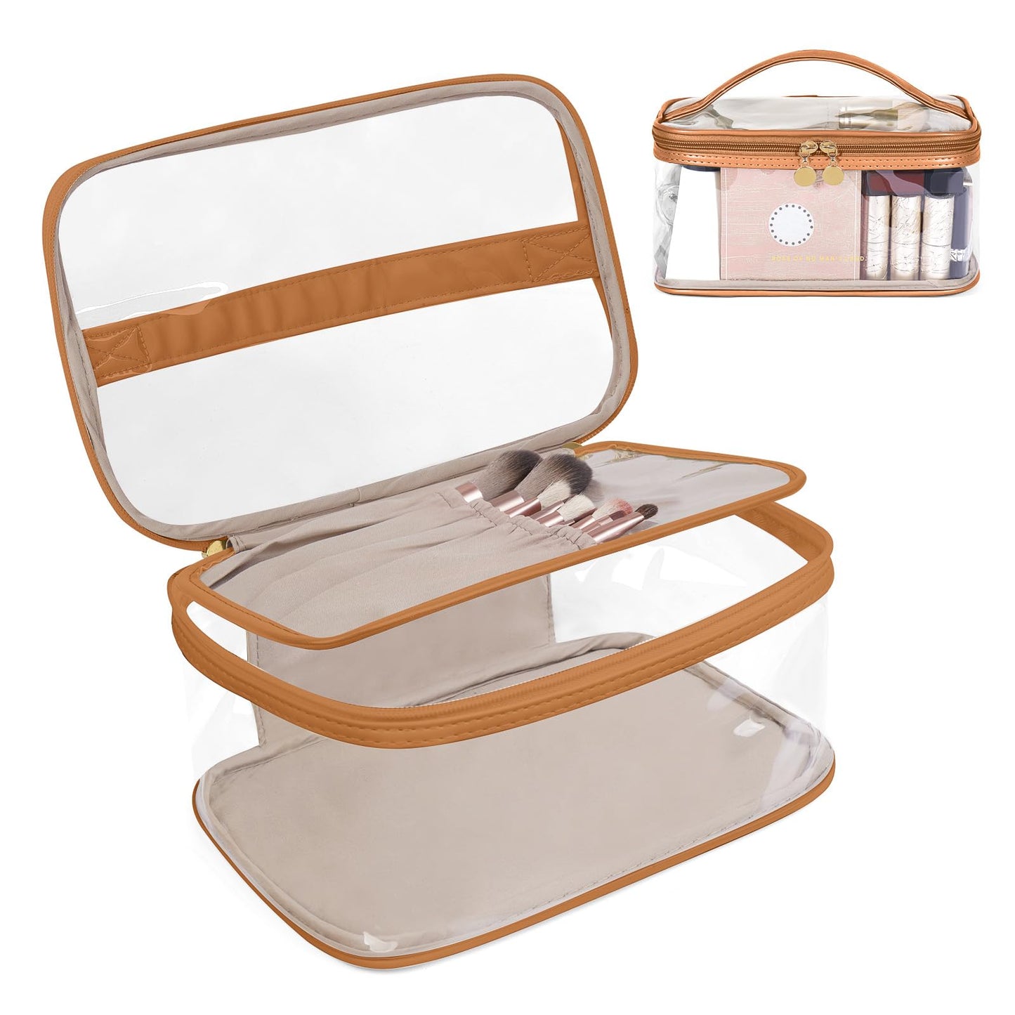 ChicVessel Clear Makeup Bag, Large Capacity Cosmetic Bag for Women, Waterproof Portable TSA Approved Toiletry Bag with Handle Travel Bag for Toiletries, Cosmetics, Travel Essentials, Brown