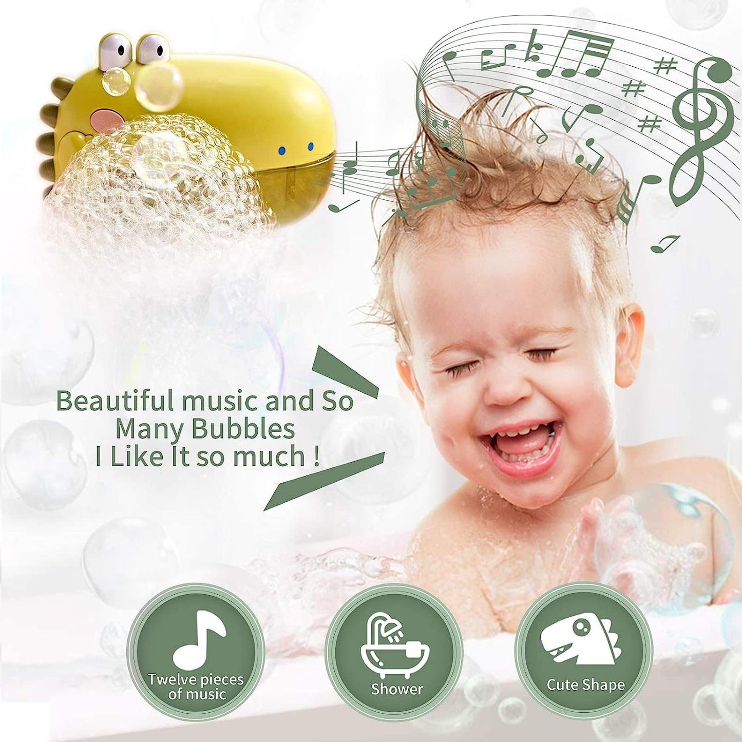 AM ANNA Bubble Bath Toys, Automatic Bubble Maker for Toddlers,Both Music/Silence Mode,Plays 12 Children’s Songs,Baby Bath Toys for The Baby Bathtub,Cute Dinosaur Bathtub Toys for Toddlers(Green)