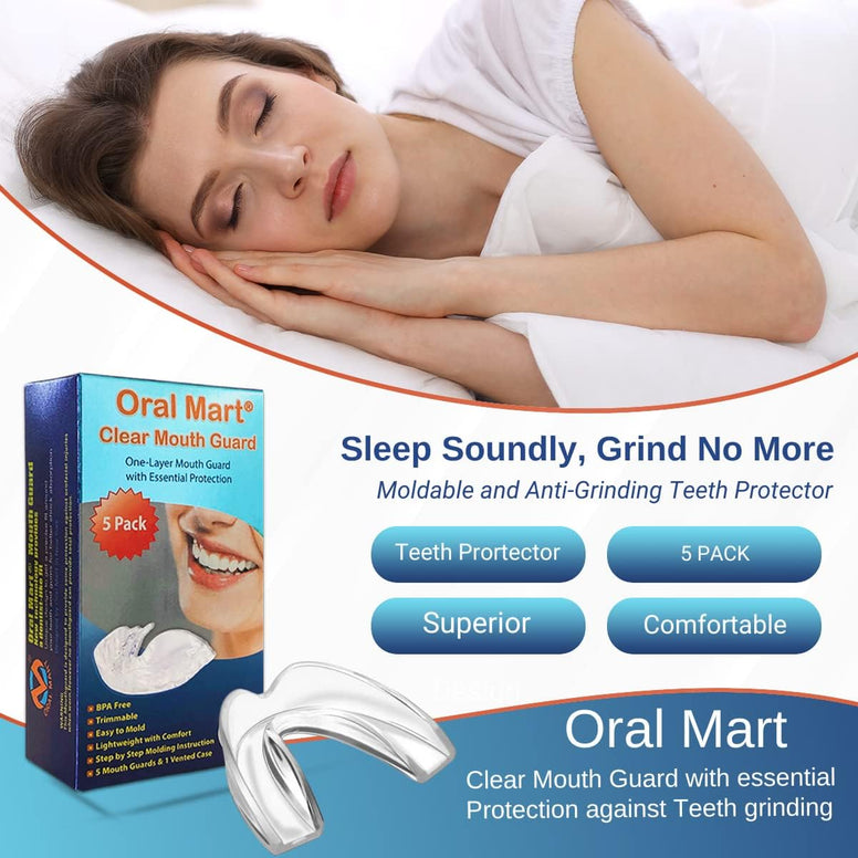 Oral Mart - Pack of 5 Clear Mouth Guards for Grinding Teeth - Moldable Anti Grinding Teeth Protector for Sleep - Clear Night Guard for Clenching Teeth, Whitening Tray (5 Pack, Adult Size)