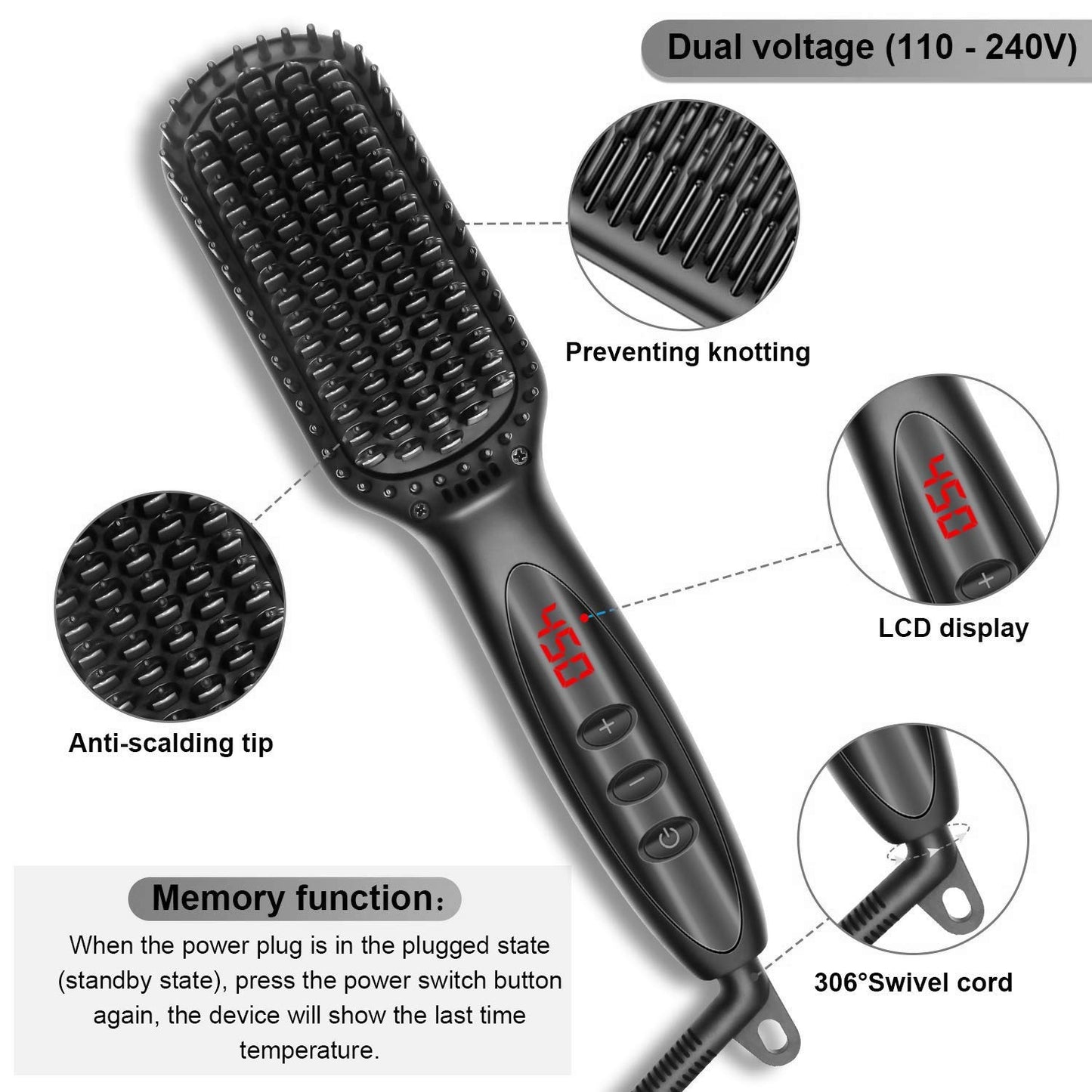 Hair Straightener Brush, Ionic Hair Straightening Brush with Fast MCH Ceramic Heating, Anti-Scald, Auto Temperature Lock and Auto-Off Function, Portable Straightening Comb for Home and Travel