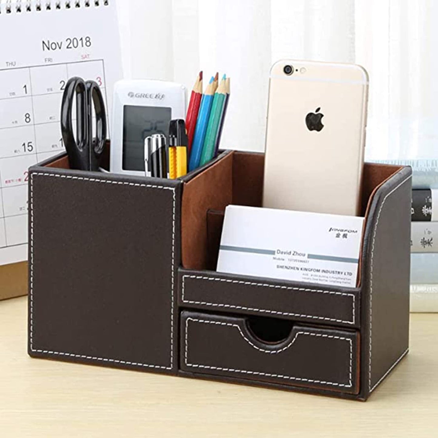 ELECDON Leather Desk Organizer Pen Pencil Holder, Stationery Storage Box, Multi-Function Office Desk Organizer, with Small Drawer for Pen, Phone, Pencil, Remote Control (Brown)