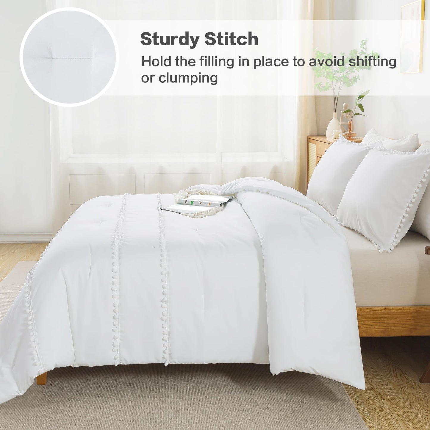 Andency White King Size Comforter Set, 3 Pieces Soft Lightweight Pom Pom Bed Comforter Sets, Aesthetic Boho Microfiber Down Alternative Bedding Comforter Set for Women Men