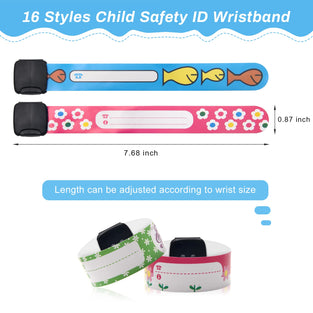 16 Pieces Child Safety ID Wristband, Pletpet Adjustable & Waterproof Kids Id Bracelets, Reusable Identification Bracelet Wristbands for Boys and Girls Outdoor Activity (16 Styles)