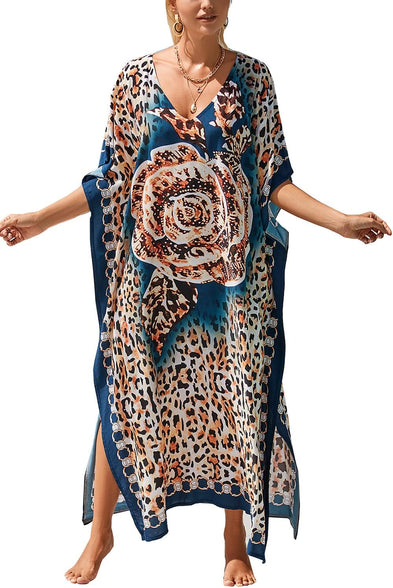 YouKD Maxi Dress V-Neck Kaftan Boho Robes Beach Cover-ups Dress Roomy Gowns for Women