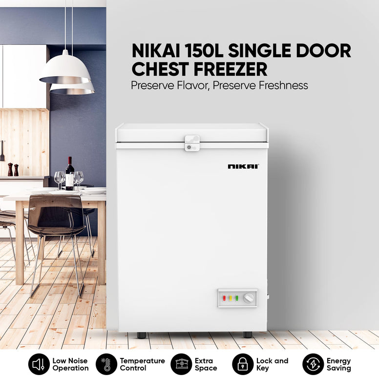 Nikai 150L Single Door Chest Freezer with Storage Basket, High Energy Efficiency Cooling System, Adjustable Temperature, Child Lock, Silent Operation, Ideal for Home & Restaurants - NCF150N7 (White)