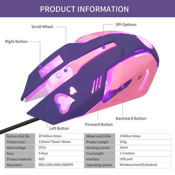 Greshare Gaming Mouse,Pink Backlit Optical Game Mice Ergonomic USB Wired with 2400 DPI and 6 Buttons 4 Shooting for Computer/Win/Mac/Linux/Andriod/iOS. (Purple)