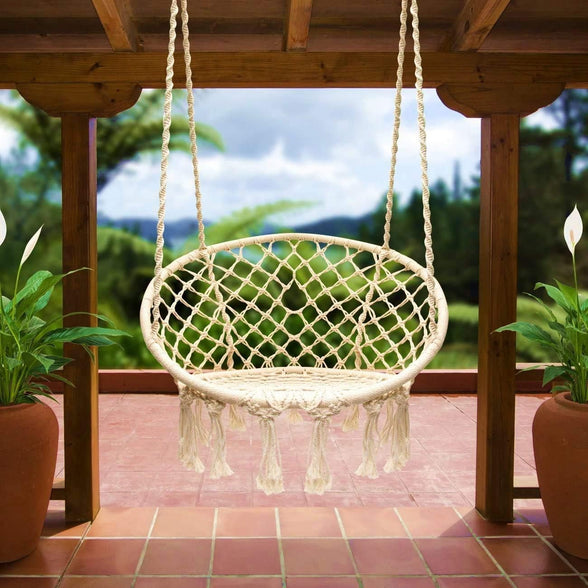 Hammock Chair Macrame Swing, Hanging Cotton Rope Macrame Hammock Swing Chair for Indoor, Outdoor Home, Patio, Porch, Deck, Yard, Garden, Max Weight: 260 Pounds (Beige)