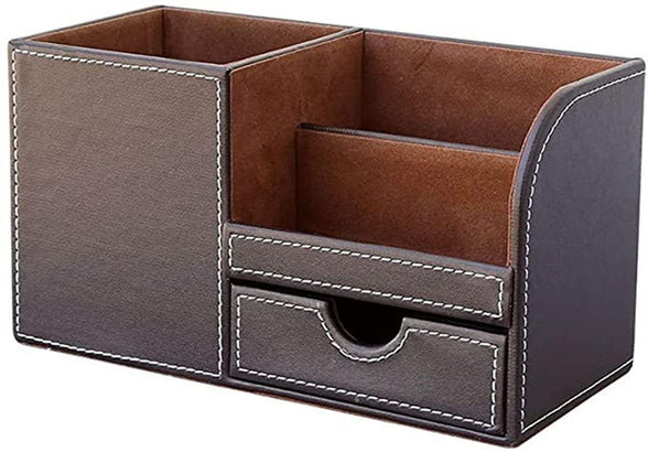 ELECDON Leather Desk Organizer Pen Pencil Holder, Stationery Storage Box, Multi-Function Office Desk Organizer, with Small Drawer for Pen, Phone, Pencil, Remote Control (Brown)