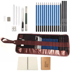 ColorBlocks 25 Pcs Sketch Set |Bonus Drawing Book| Charcoal Set | Roll Up Canvas Carry Pouch | Pro Art Supplies Kit | Drawing Pencils, Sharpeners, and Erasers