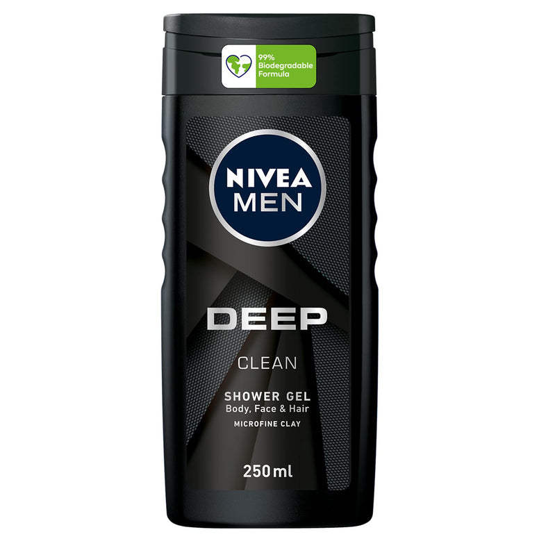 NIVEA MEN 3in1 Shower Gel Body Wash, Cleansing DEEP Micro-Fine Clay, Woody Scent, 250ml