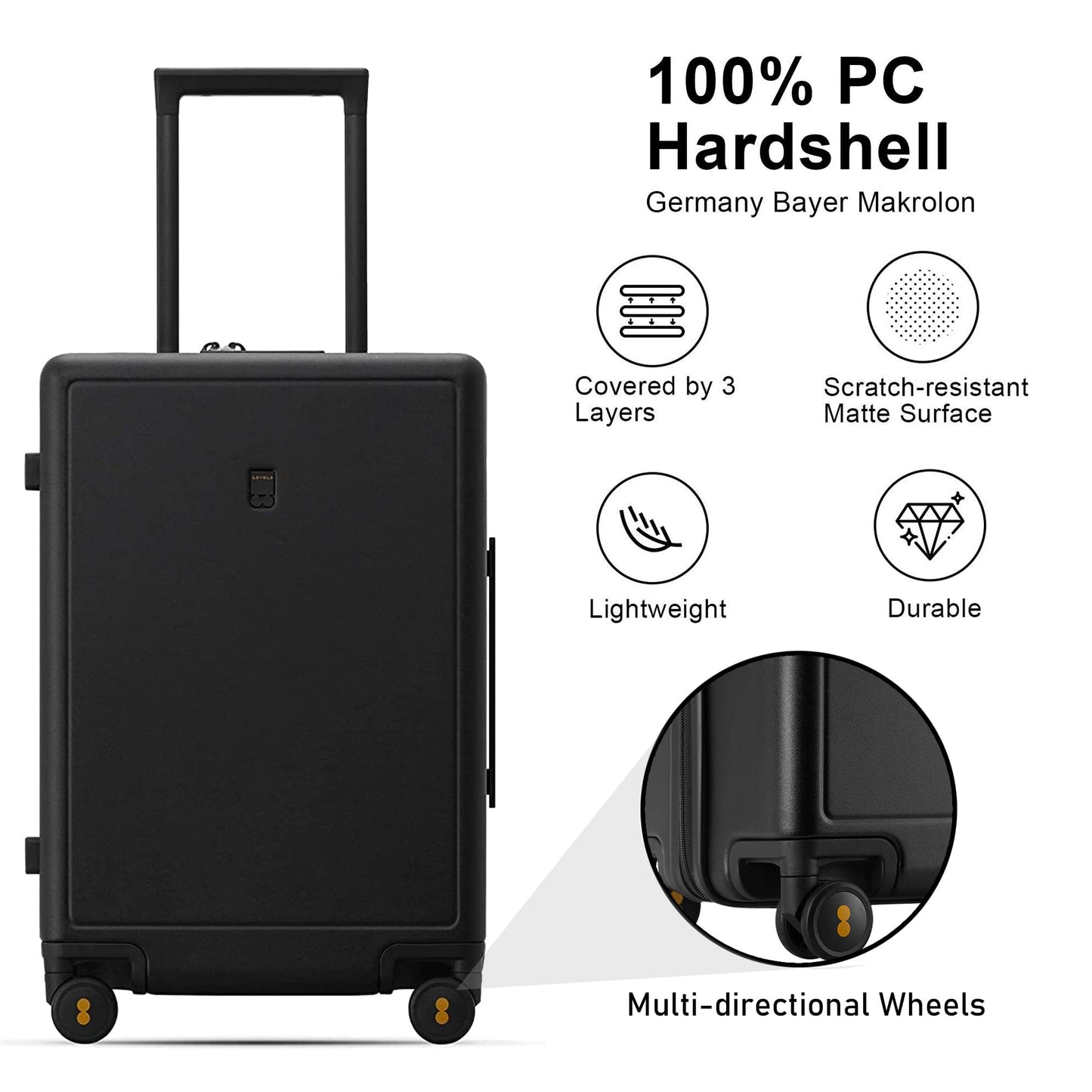 LEVEL8 Lightweight Suitcase Carry-on Hand Luggage, Elegance Matt Design 100% PC Trolley Case TSA Approved Checked Luggage Hand Trolley Suitcase with 8 Spinner Wheels,66CM,65L,Black