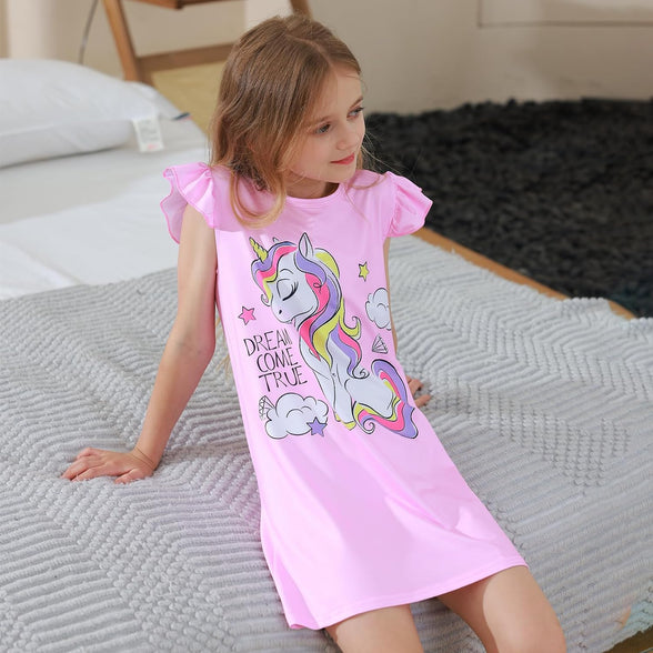 LQSZ 2Pcs Girls Nightgowns 3-10 Years Flutter Short Sleeves Dress Nightdress Sleepwear Pajamas Nightgowns for Girls