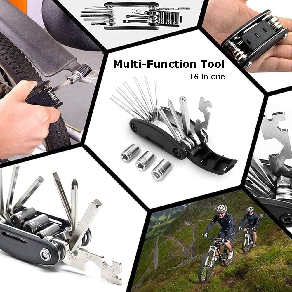 Bike Tool Kit Bike Puncture Repair Kit, 16 in 1 Bike Multifunction Tool Mountain Bike Accessories with Patch Kit and Tire Levers for Mountain Bike and Road Bike