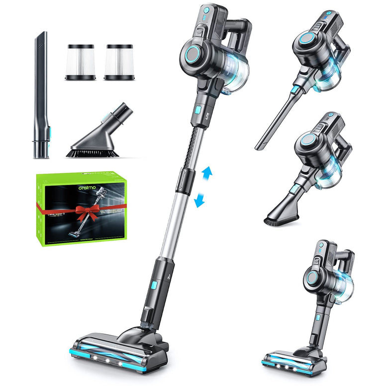 Oraimo Stick Vacuum, Cordless Vacuum Cleaner with Self-Standing, Cordless Stick Vacuum with 35 Mins Runtime Detachable Battery, 6 in 1 Lightweight Vacuum with LED for Hardwood Floor Carpet Marble Tile