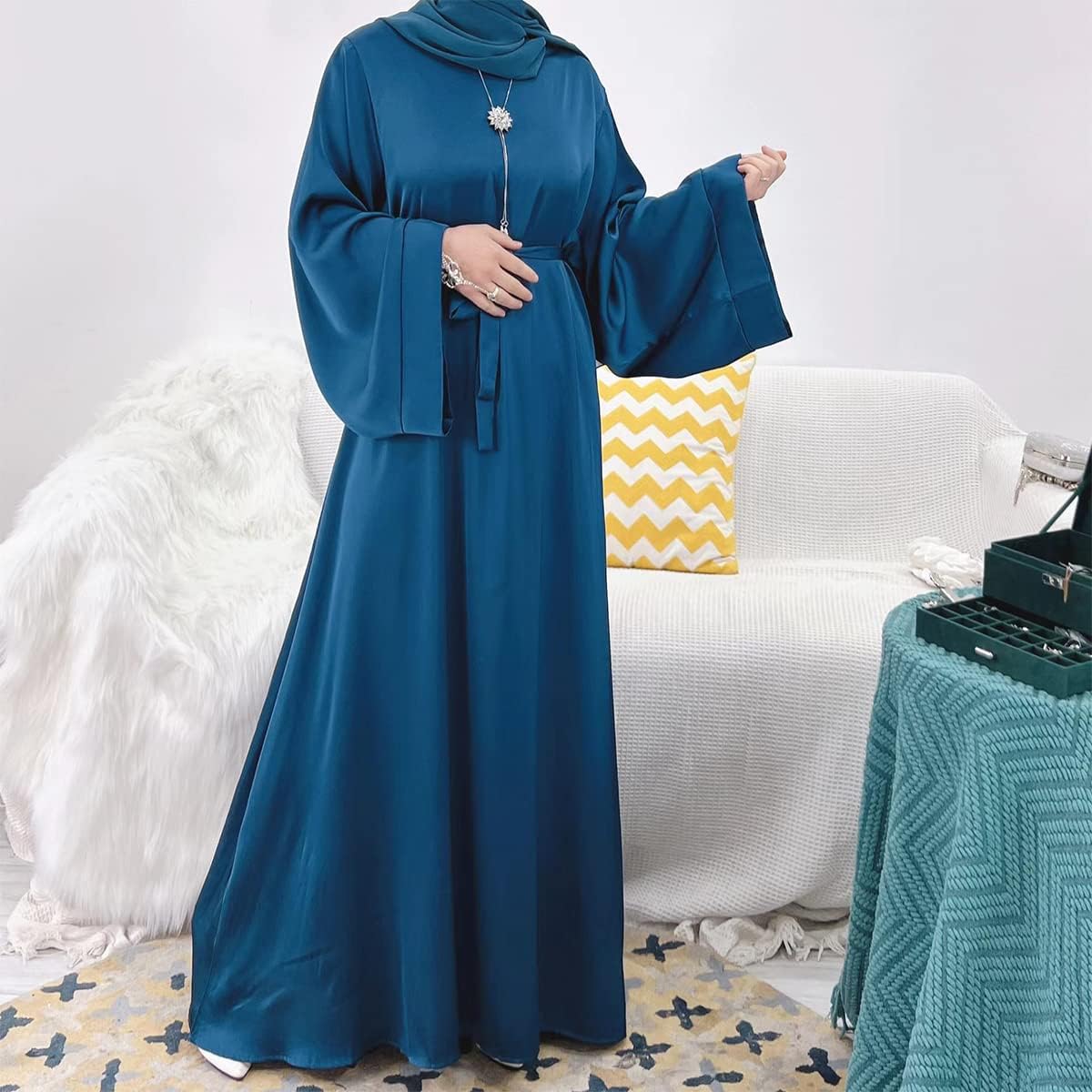 IMEKIS Women Muslim Abaya Long Sleeve Maxi Dress Loose Full Cover East Arabian Robe Dubai Islamic Dubai Prayer Clothes