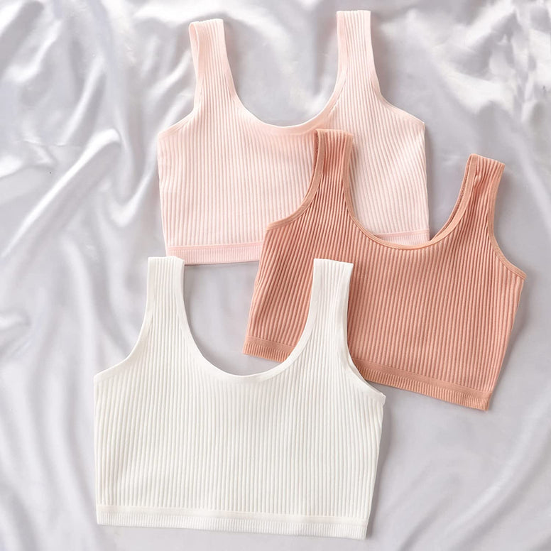 Training Bras for Girls, Seamless Bralette, Kids Underwear, Elastic Sports Striped Vest, Developing Children's Bra Breathable Cotton Cropped Double-Deck Bra for Students Suitable Weight 25-35kg 6PCS Size (Small)