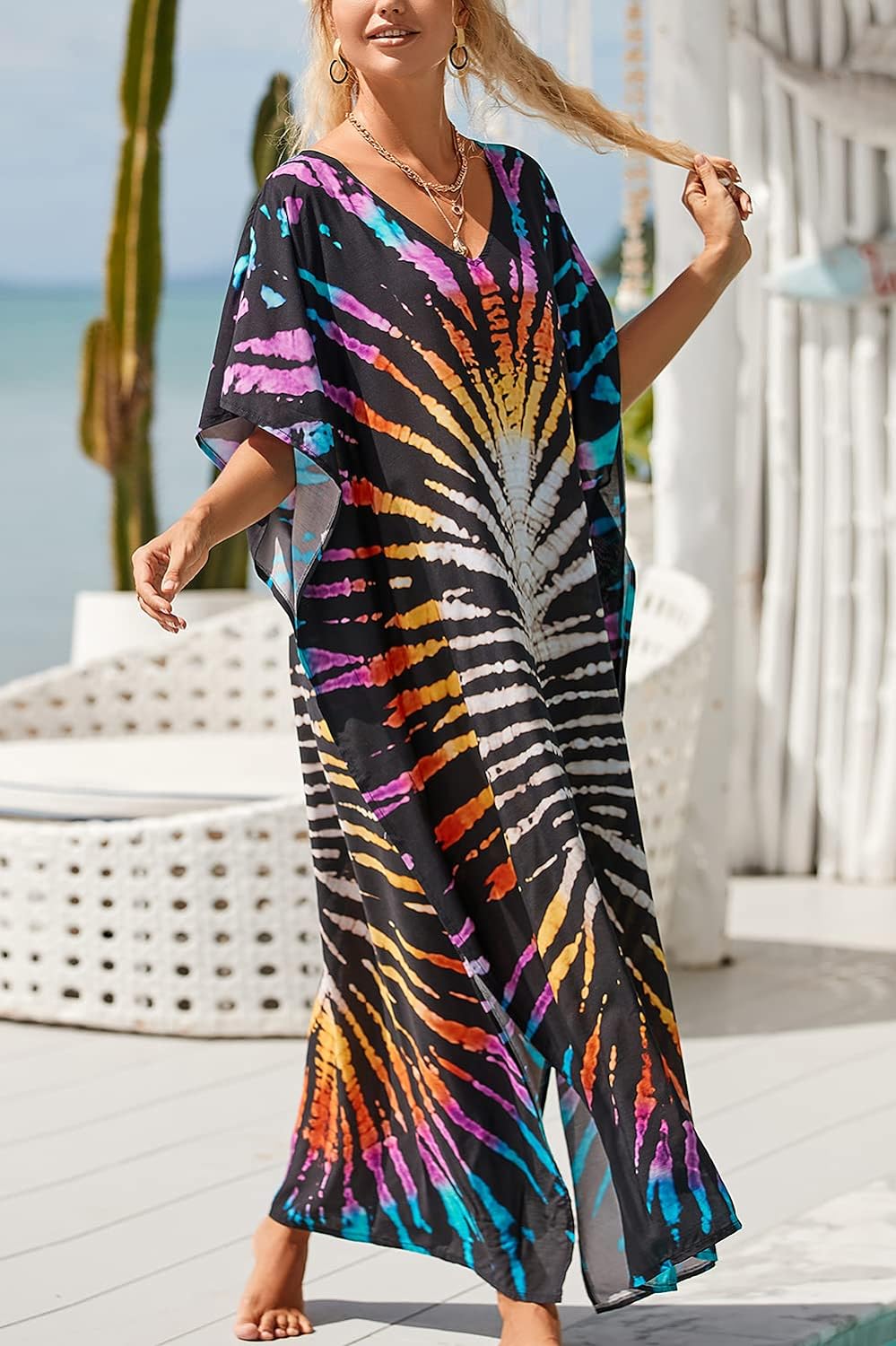 YouKD Maxi Dress V-Neck Kaftan Boho Robes Beach Cover-ups Dress Roomy Gowns for Women