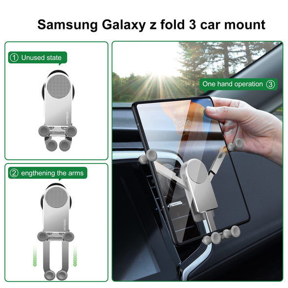 Car Phone Holder, Aluminum Z Fold 3 Car Mount Vent Holder, Universal Gravity Cell Phone Holder for Samsung Galaxy Z Fold 3 / Z Fold 2 / S21 / S20 Mobile Devices Under 8 inch (Silver)