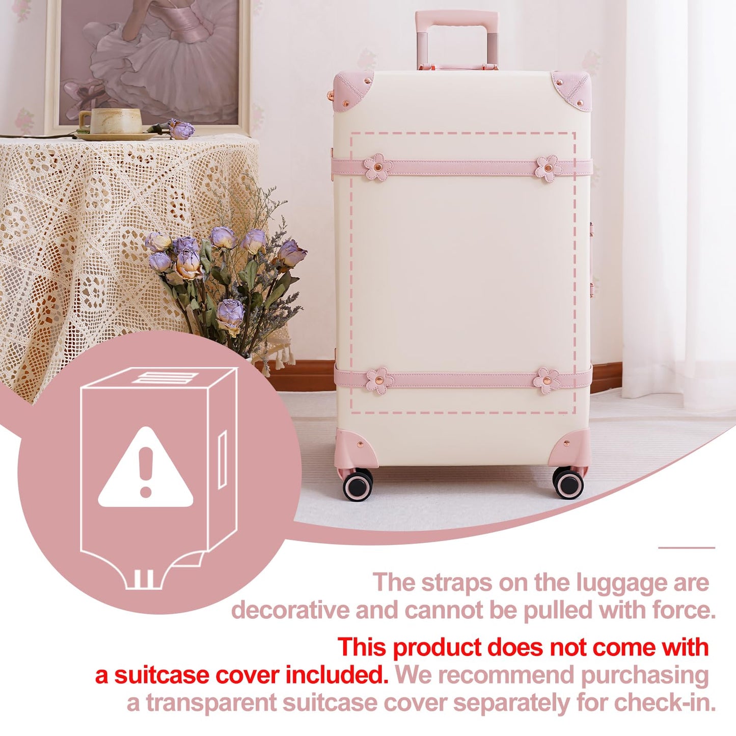 NZBZ Women Cute Vintage Luggage Sets with TSA Lock 3 Piece Luxury Retro Trunk Luggage Hardside Trolley Suitcase, White, 14inch & 20inch & 28inch, Vintage, White, 14inch & 20inch & 28inch, Vintage