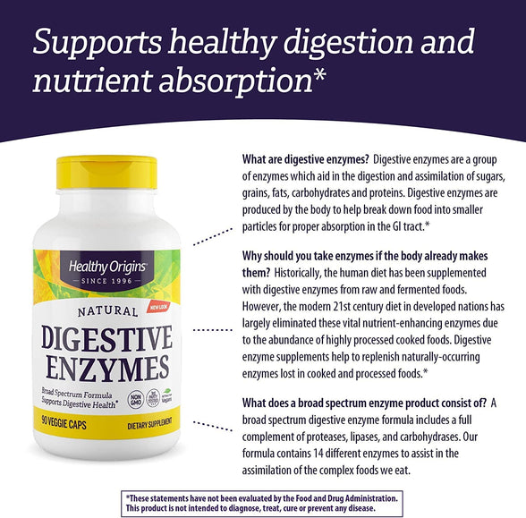 Healthy Origins Digestive Enzymes (NEC) Broad Spectrum - With Protease, Amylase & Lipase - Gluten-Free Digestion and Gut Health Supplement - 90 Veggie Capsules