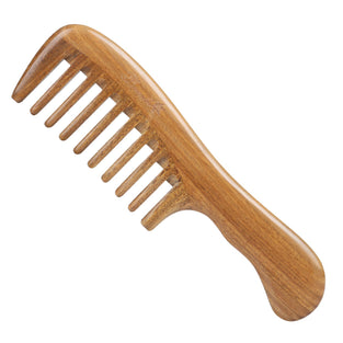 No Static Wavy Handle Green Sandalwood Wide Tooth Comb