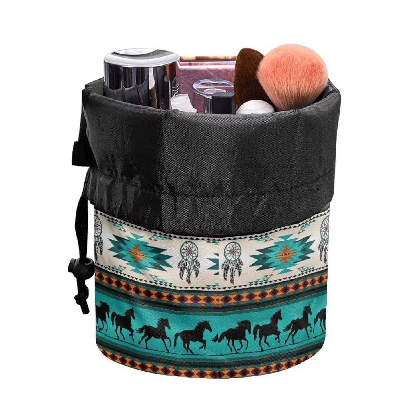 chaqlin Aztec Horse Drawstring Cosmetic Bag Women Girls Multifunctional Bucket Toiletry Bag for Travel Portable Cosmetics Wash Bag Bucket Toiletry Bag Dream Catcher Horse Print Make up Pouch, Aztec