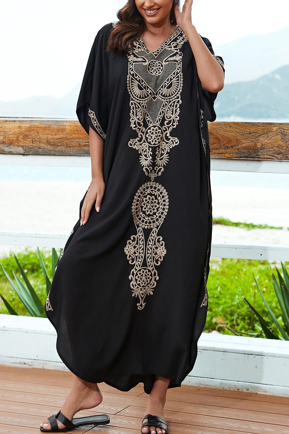 YouKD Embroidered Kaftan Dress Boho Beach Bikini Cover Up Robe Plus Size Loungewear for Women