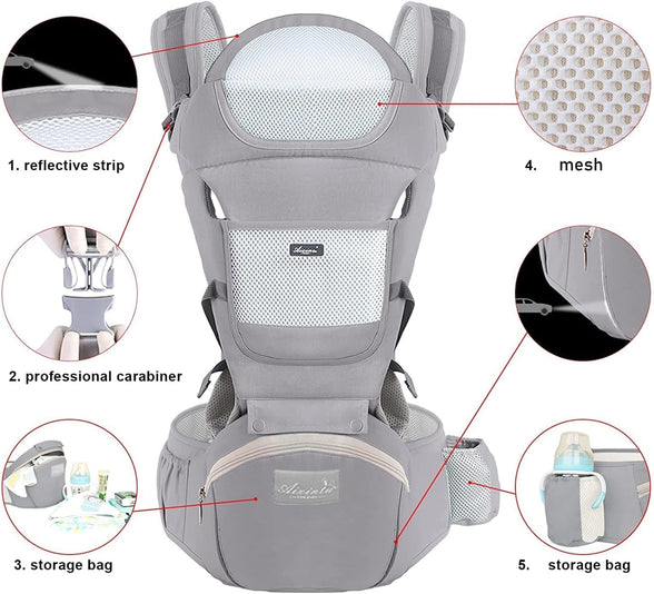 Deal Hunt 6 in 1 Baby Carrier Hip Seat, Multifunctional Baby Strap Waist Carrier for walking, Shopping, Trip, Hiking - Adjustable Size & Suitable for 0-36 Months Baby with Gift Box Packaging (Grey)