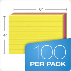 Oxford Neon Index Cards, 4" x 6", Ruled, Assorted Colors, 100 Per Pack (99755EE)