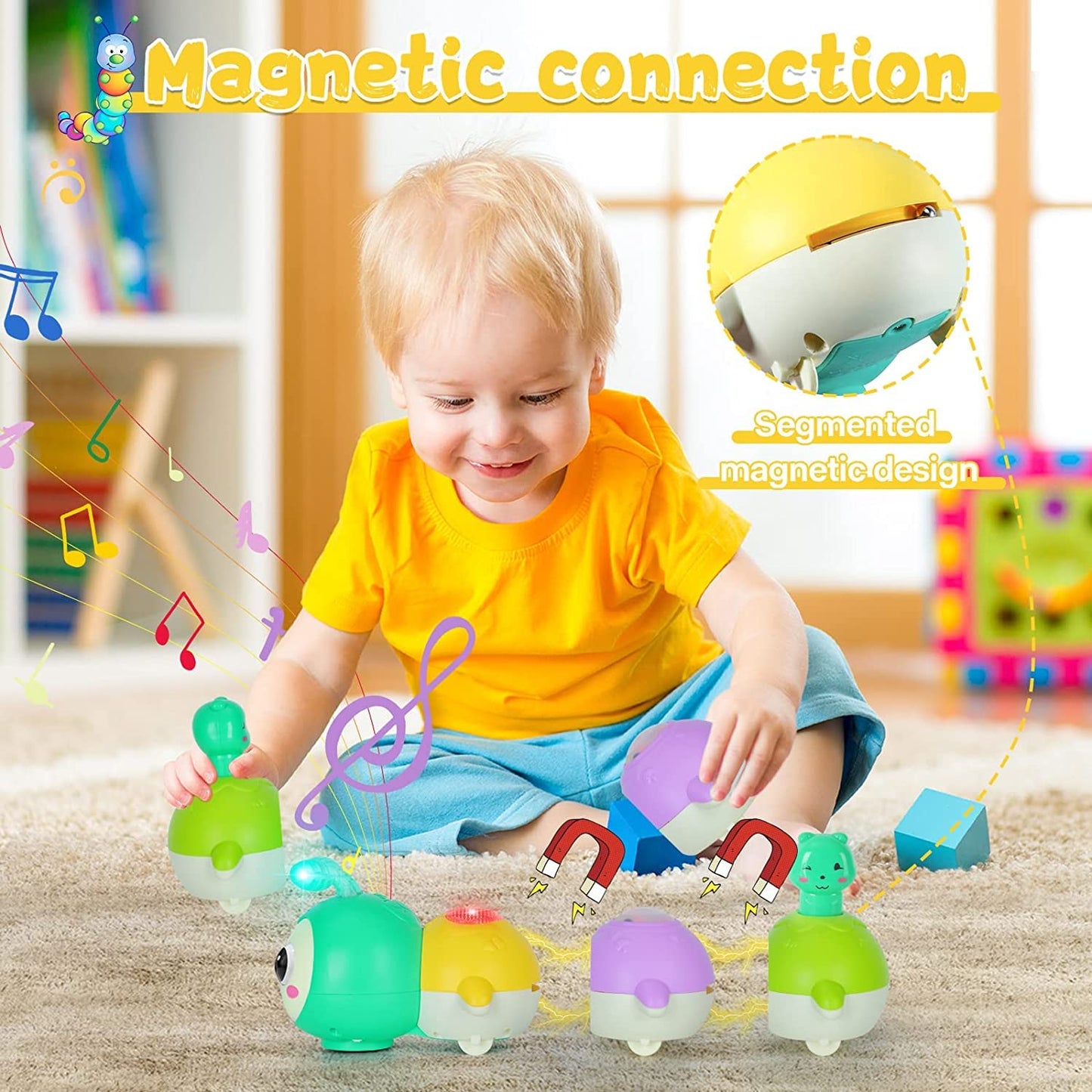 AM ANNA Baby Toys 0-6 Months, Crawling Caterpillar Tummy Time Toy with Magnetic Suction Music Light up, Sensory Learning Infant Toy for 6-12 Month Newborn Toddler 1 Year Old Girl Boy Baby Gifts