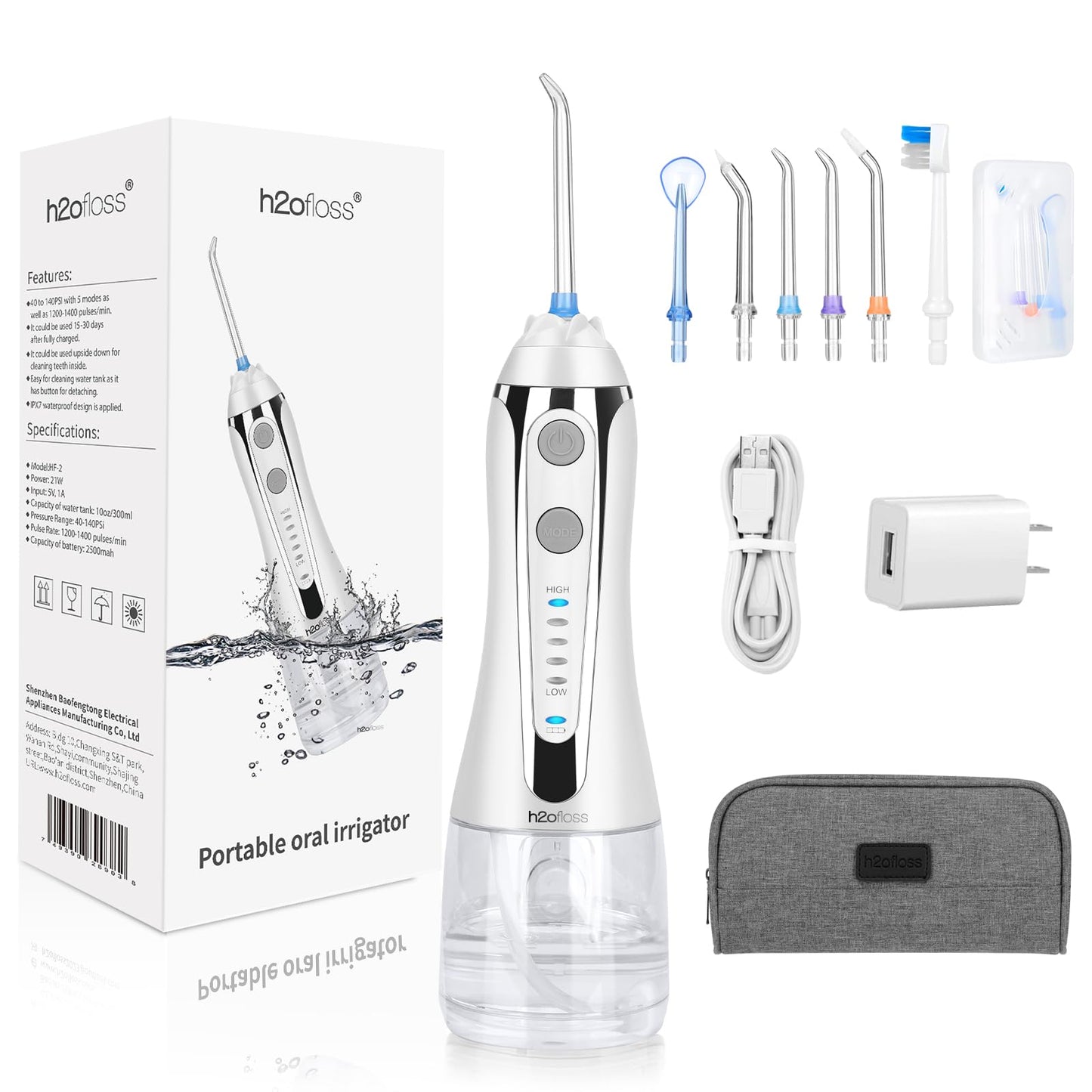 H2ofloss (white) - H2ofloss Cordless Water Flosser with 30 Days Battery Life, Premium Water Floss for Teeth, Portable Dental Flosser in 5 Modes, Gravity Ball for Upside Down Use, 300ml Water Tank