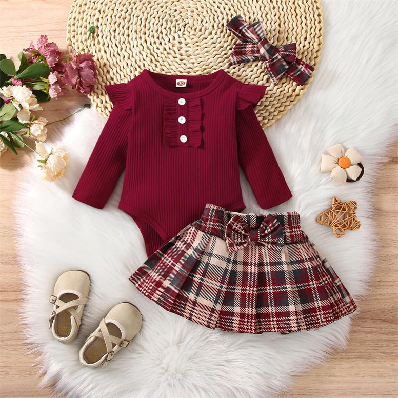 Twopumpkin Newborn Toddler Baby Girl Fall Winter Clothes Ruffle Romper Onesie Plaid Dress Skirts Set Long Sleeve Outfits(3-6 M)